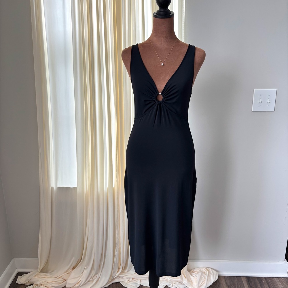 Y2K Vintage Max Co Midi Dress M Black Slinky Mesh Office Siren Romcom Goth Glam